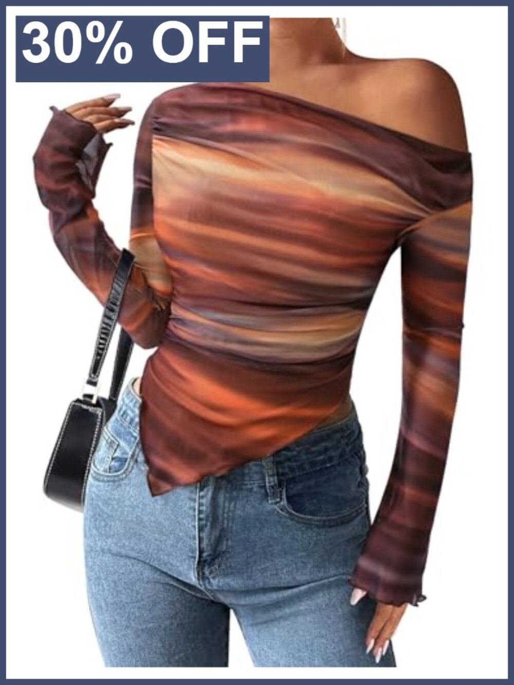 Womens Off Shoulder Mesh Y2k Long Sleeve Ruched Tie Dye Floral Top Blouse